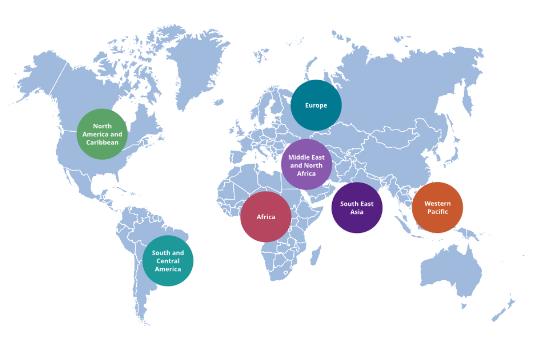 Mapa de regiones y miembros de la FDI