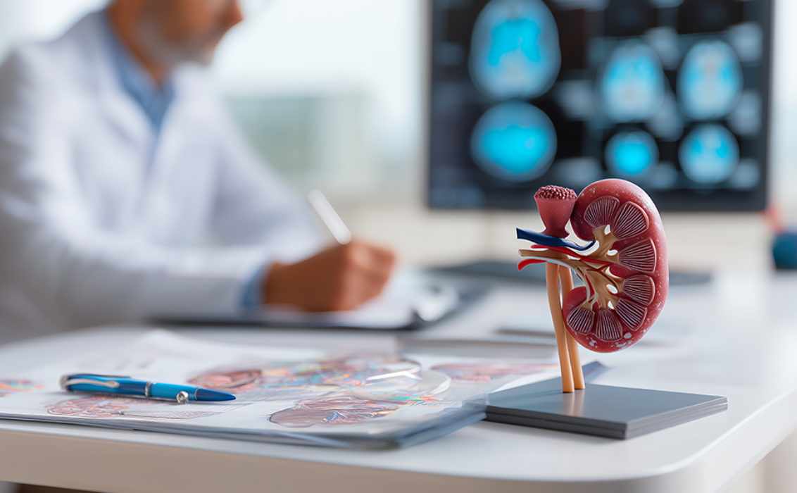 A model of a human kidney on a doctor's desk, with a blurred healthcare professional writing notes in the background and medical brain scans visible on a computer screen.