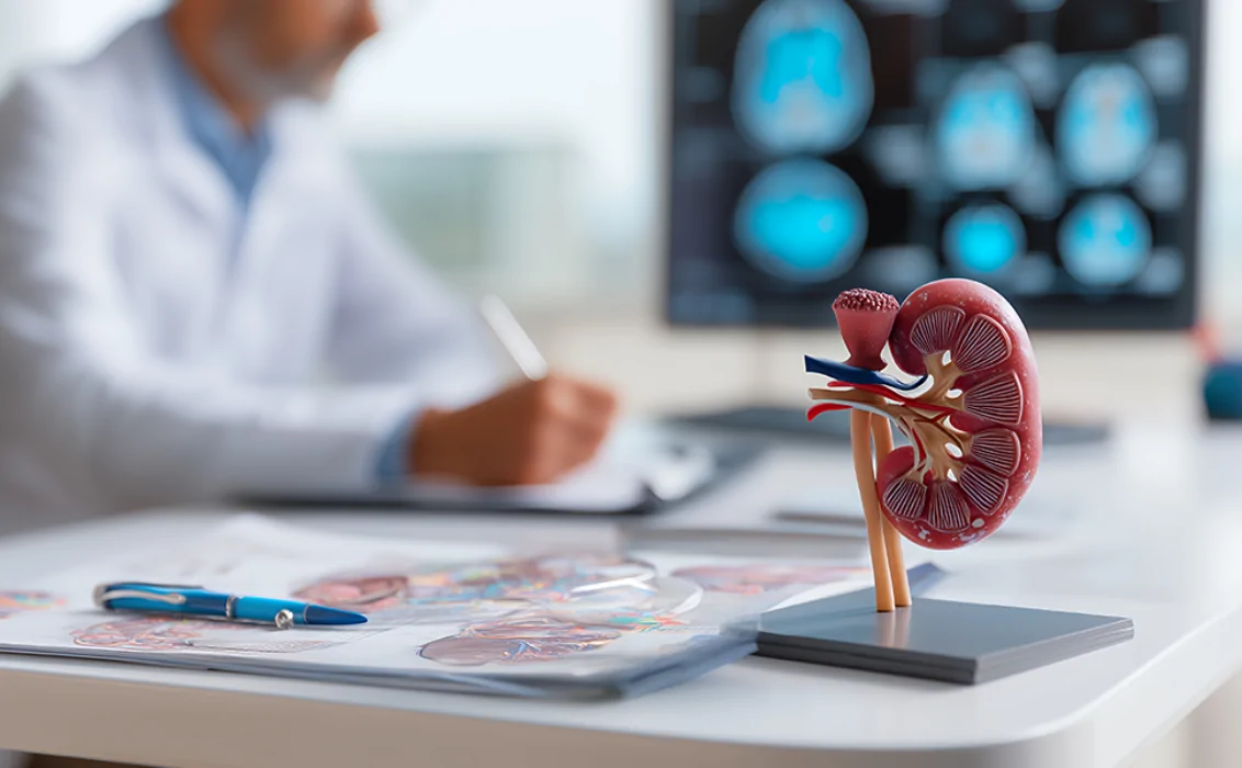 A model of a human kidney on a doctor's desk, with a blurred healthcare professional writing notes in the background and medical brain scans visible on a computer screen.